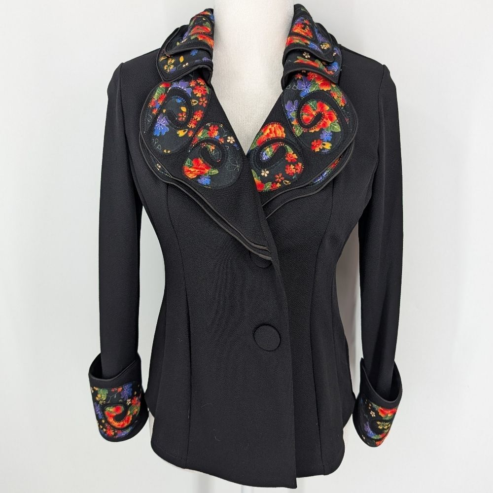 Soft Surroundings Black Blazer Jacket Floral Wearable Art Collar Petite XSP NWT